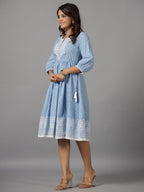 Juniper Women's Sky Blue Ethnic Motif Printed Pure Cotton Dress With Beads & Sequins Work | Grocsy