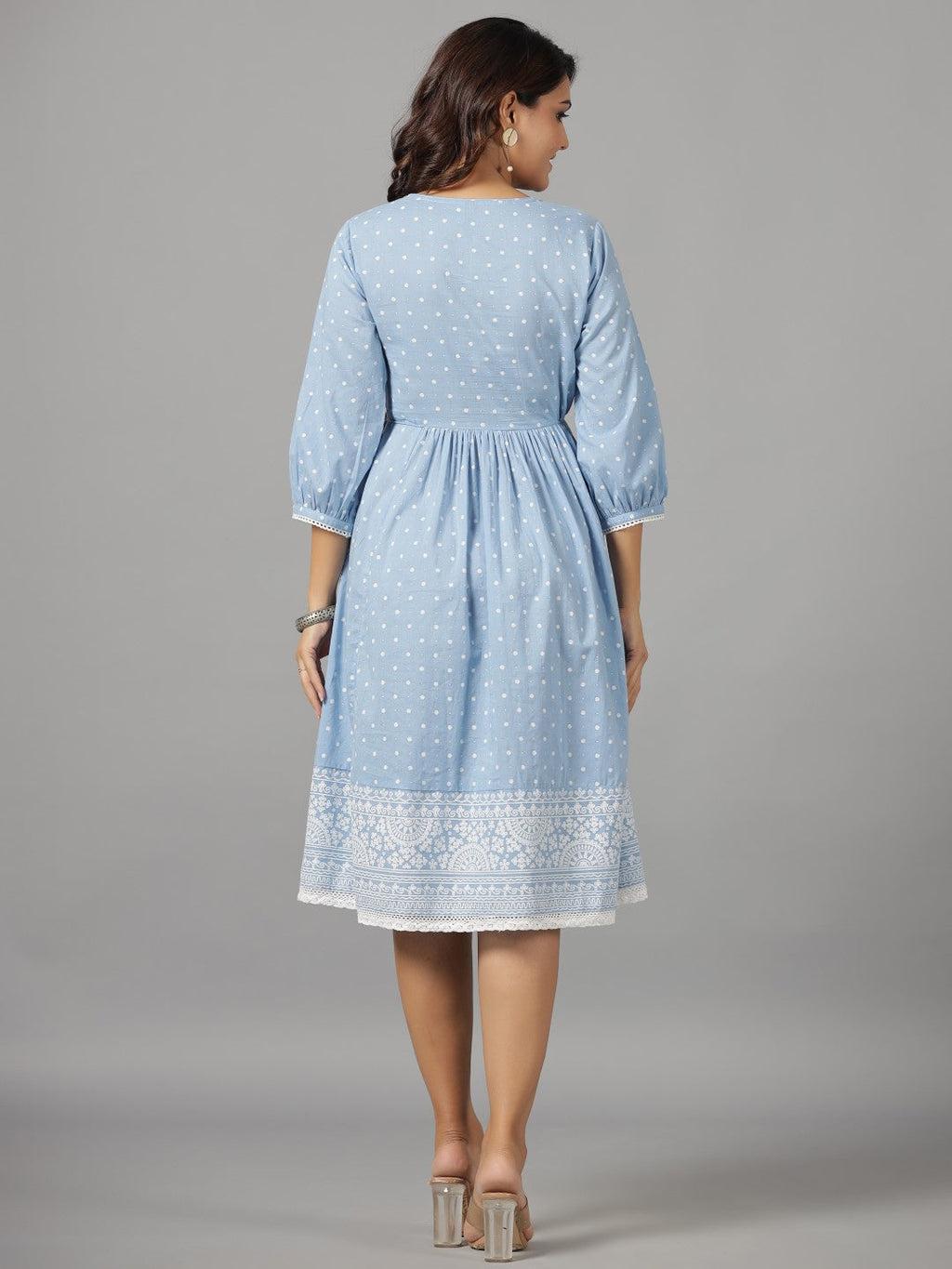 Juniper Women's Sky Blue Ethnic Motif Printed Pure Cotton Dress With Beads & Sequins Work | Grocsy