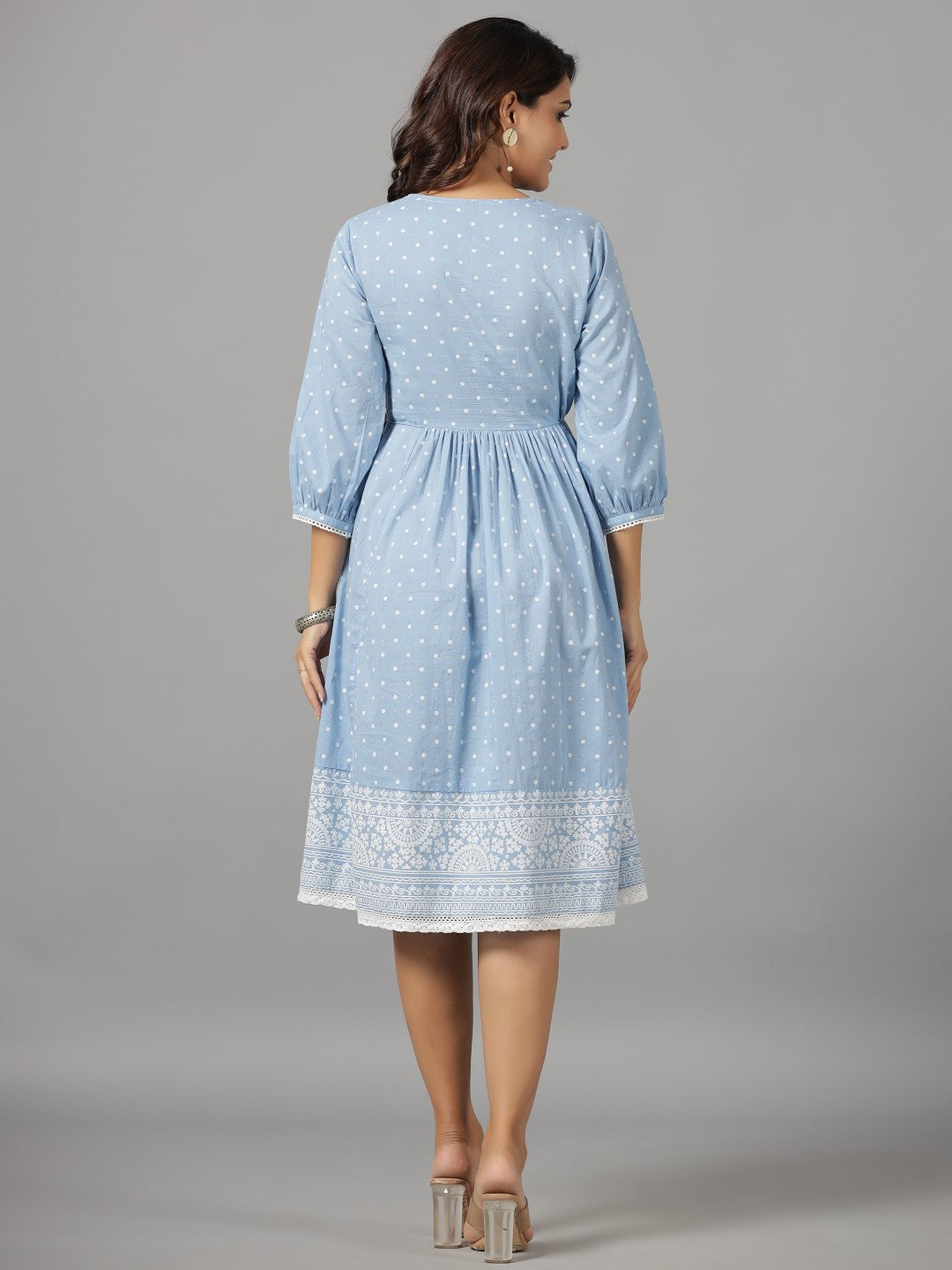 Juniper Women's Sky Blue Ethnic Motif Printed Pure Cotton Dress With Beads & Sequins Work | Grocsy