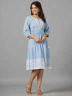 Juniper Women's Sky Blue Ethnic Motif Printed Pure Cotton Dress With Beads & Sequins Work | Grocsy
