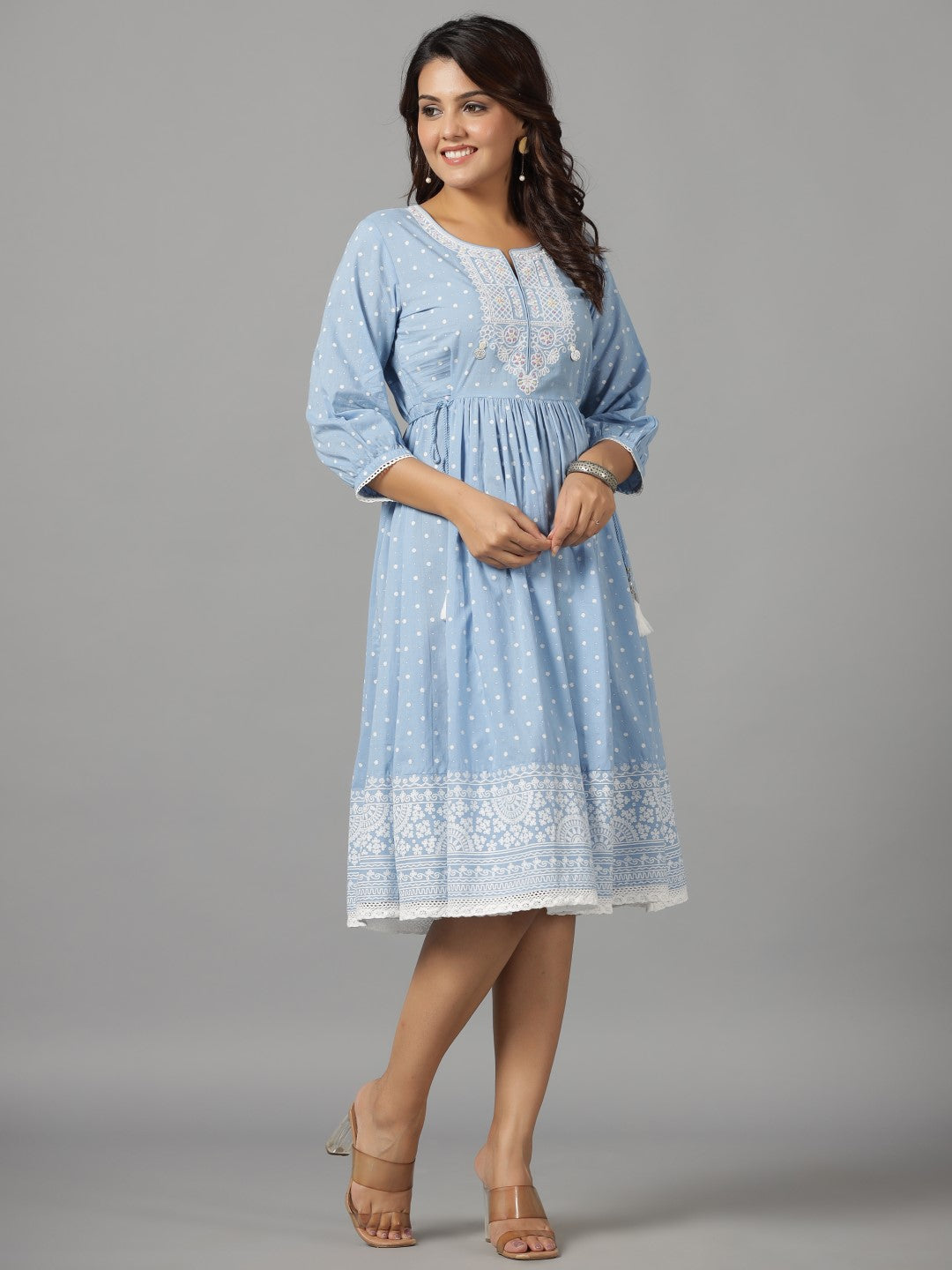 Juniper Women's Sky Blue Ethnic Motif Printed Pure Cotton Dress With Beads & Sequins Work | Grocsy