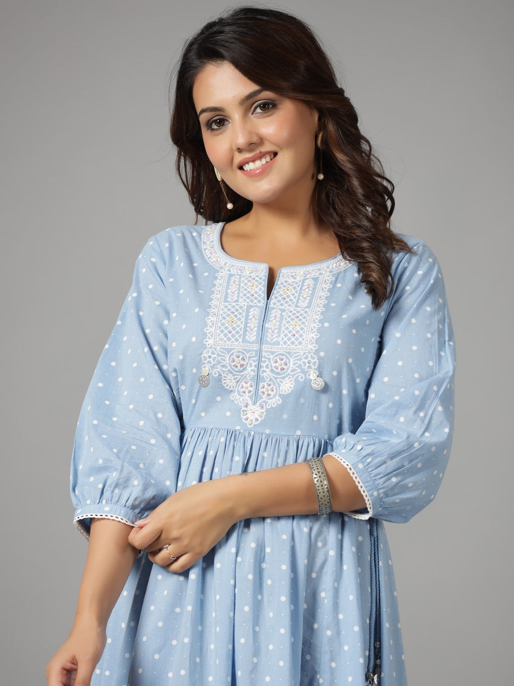 Juniper Women's Sky Blue Ethnic Motif Printed Pure Cotton Dress With Beads & Sequins Work | Grocsy
