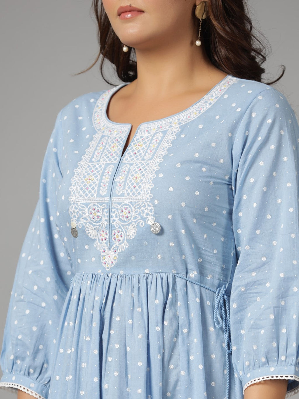 Juniper Women's Sky Blue Ethnic Motif Printed Pure Cotton Dress With Beads & Sequins Work | Grocsy