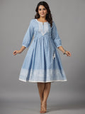 Juniper Women's Sky Blue Ethnic Motif Printed Pure Cotton Dress With Beads & Sequins Work | Grocsy