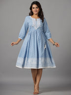 Juniper Women's Sky Blue Ethnic Motif Printed Pure Cotton Dress With Beads & Sequins Work | Grocsy