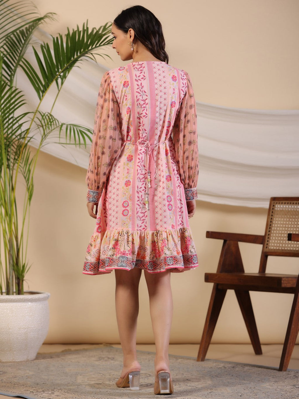 Juniper Women's Pink Wonderland Floral Printed Pure Cotton Midi Dress With Pintucks & 3D Handwork | Grocsy