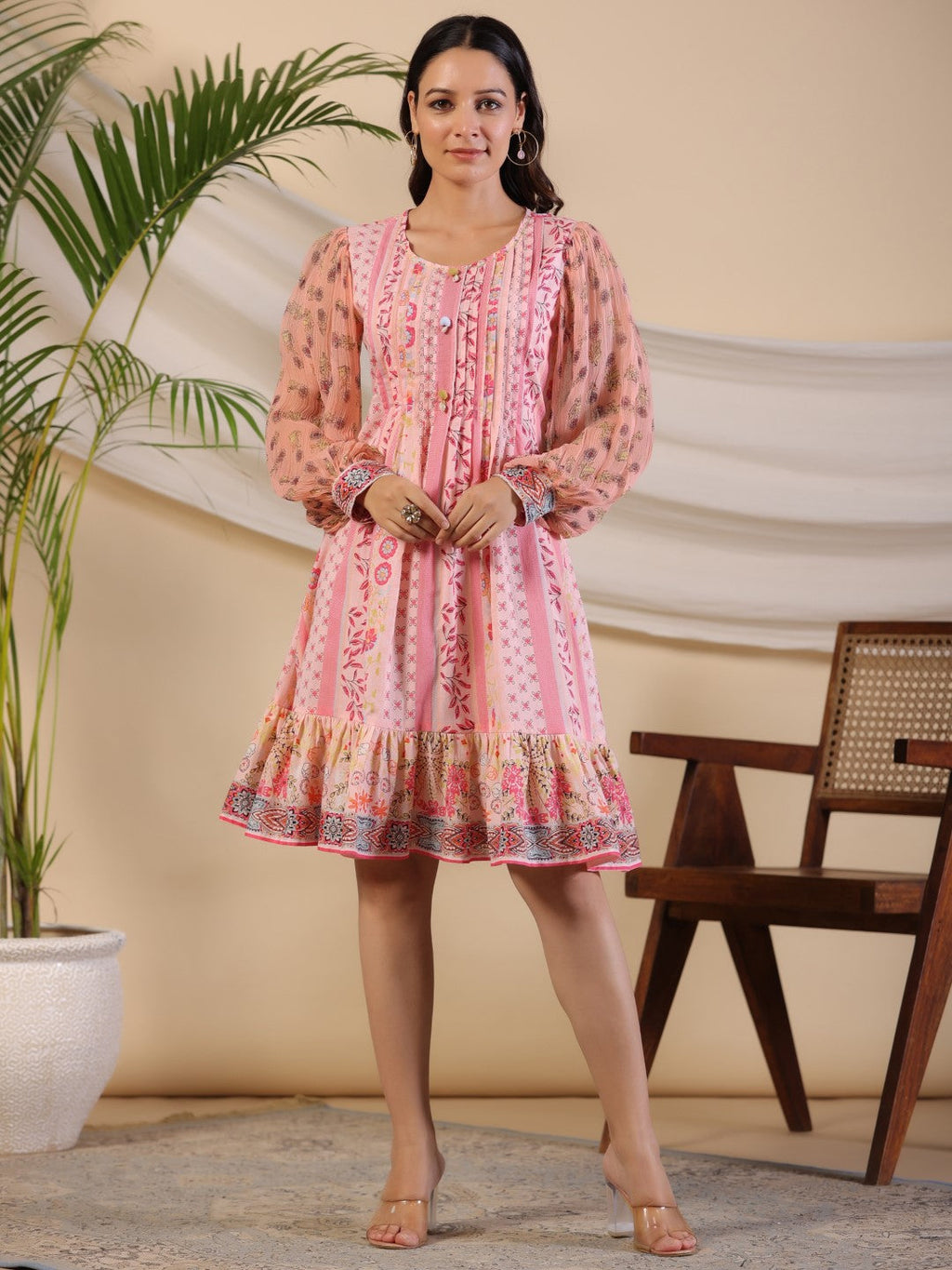 Juniper Women's Pink Wonderland Floral Printed Pure Cotton Midi Dress With Pintucks & 3D Handwork | Grocsy