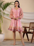 Juniper Women's Pink Wonderland Floral Printed Pure Cotton Midi Dress With Pintucks & 3D Handwork | Grocsy