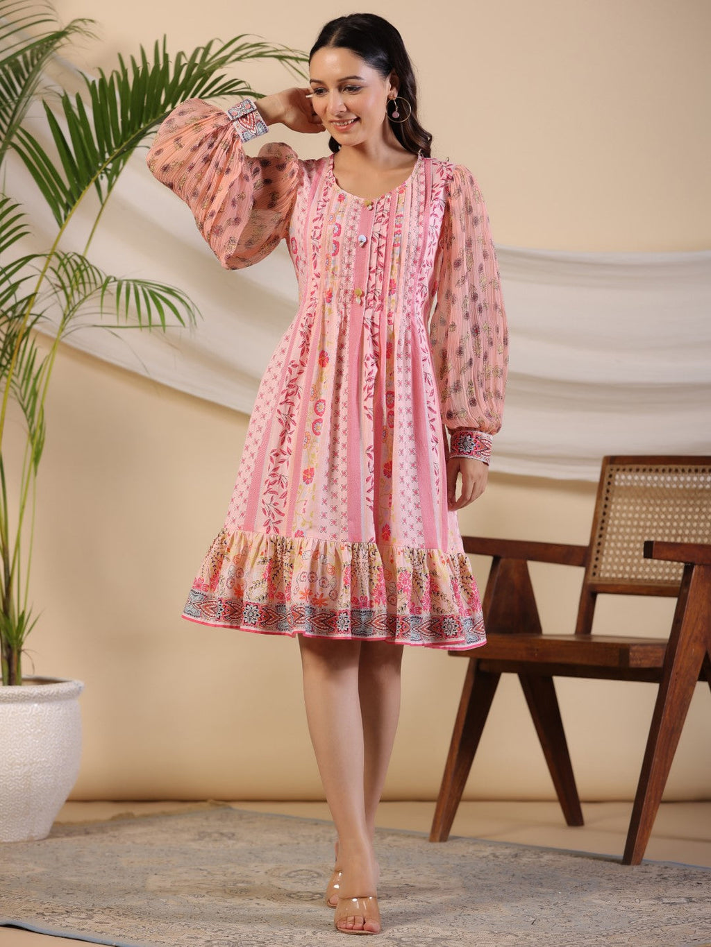 Juniper Women's Pink Wonderland Floral Printed Pure Cotton Midi Dress With Pintucks & 3D Handwork | Grocsy