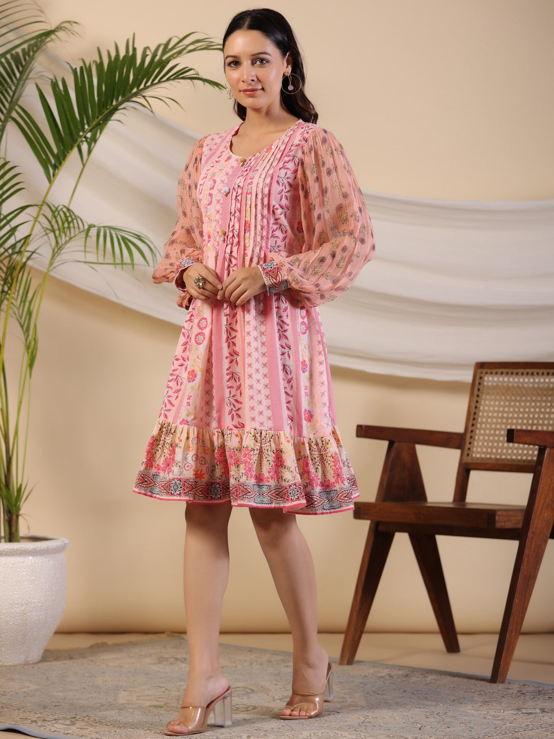 Juniper Women's Pink Wonderland Floral Printed Pure Cotton Midi Dress With Pintucks & 3D Handwork | Grocsy
