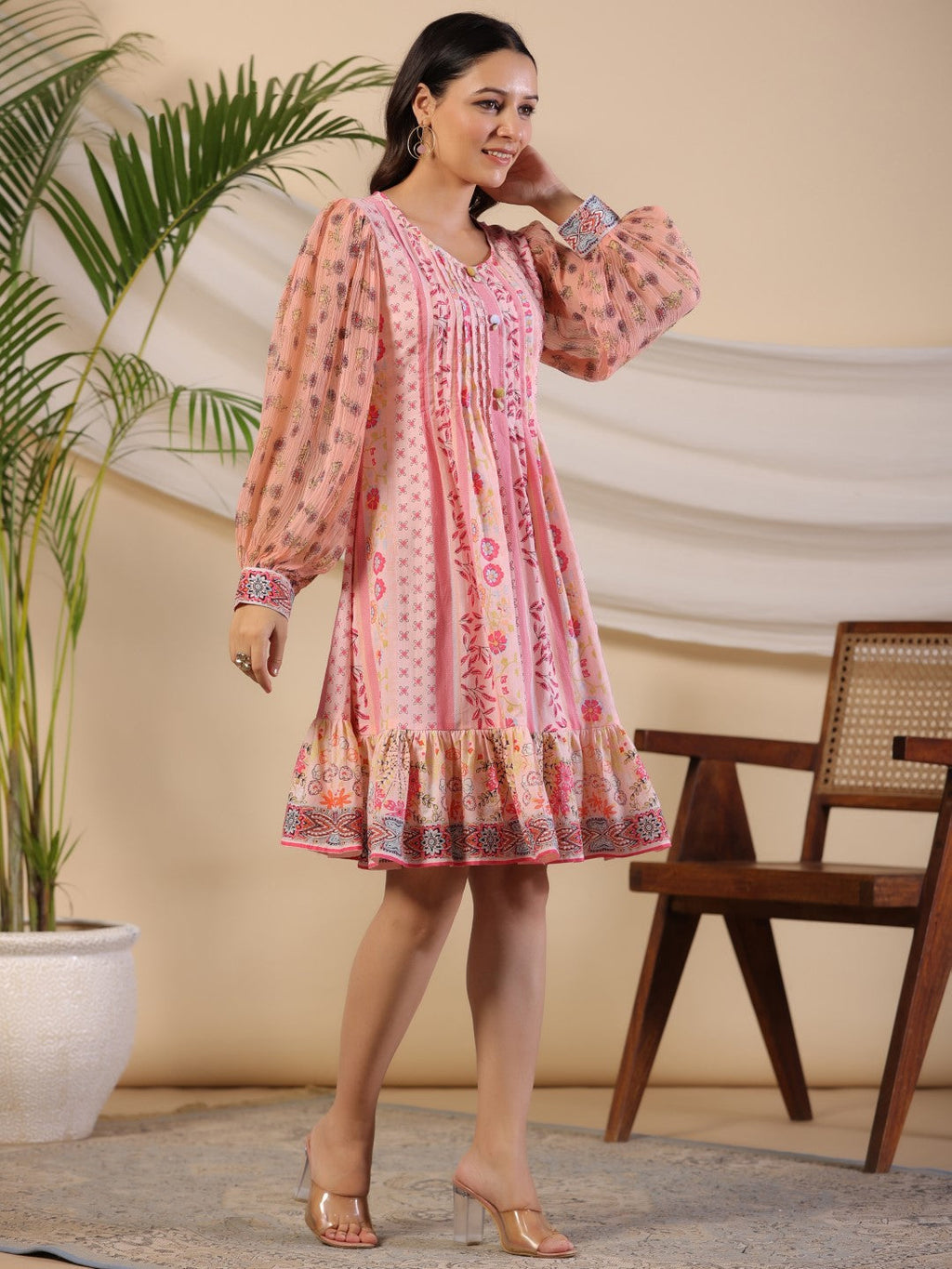 Juniper Women's Pink Wonderland Floral Printed Pure Cotton Midi Dress With Pintucks & 3D Handwork | Grocsy