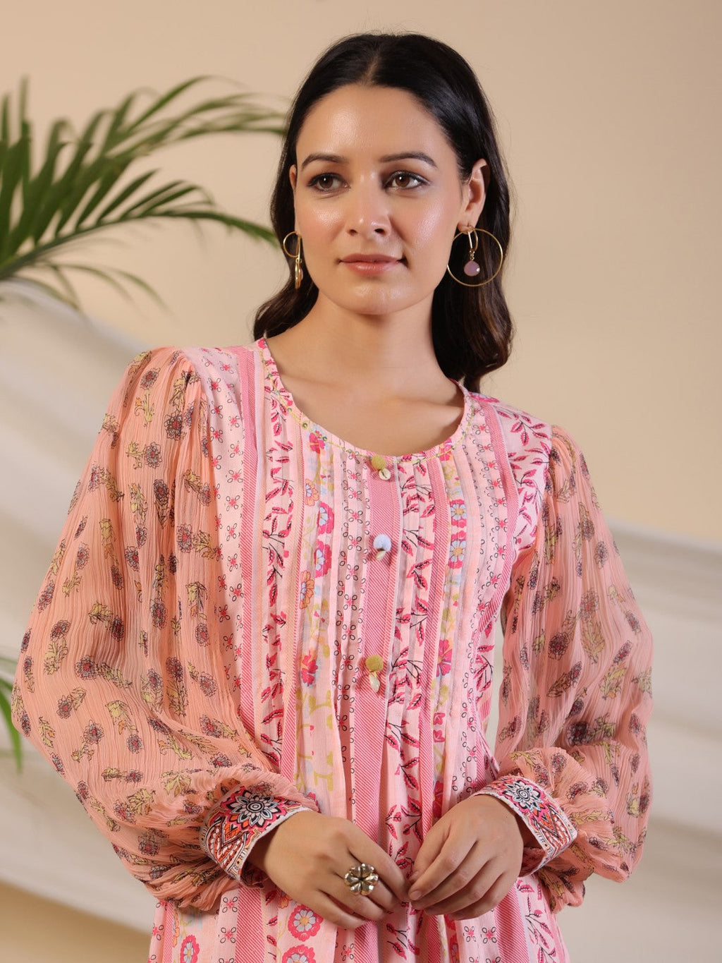 Juniper Women's Pink Wonderland Floral Printed Pure Cotton Midi Dress With Pintucks & 3D Handwork | Grocsy