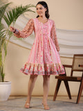 Juniper Women's Pink Wonderland Floral Printed Pure Cotton Midi Dress With Pintucks & 3D Handwork | Grocsy