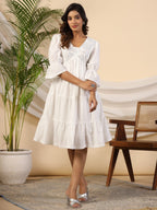 Juniper Women's White Pure Cotton Alia Cut Mirror Work Tiered Midi Dress With Lining | Grocsy