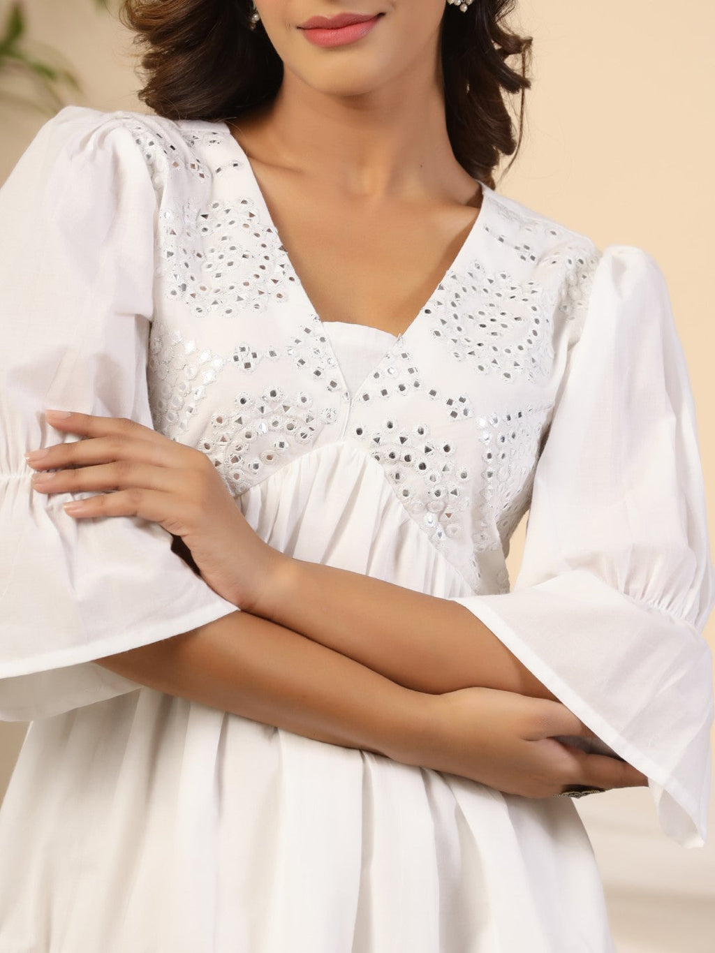 Juniper Women's White Pure Cotton Alia Cut Mirror Work Tiered Midi Dress With Lining | Grocsy