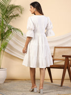 Juniper Women's White Pure Cotton Alia Cut Mirror Work Tiered Midi Dress With Lining | Grocsy