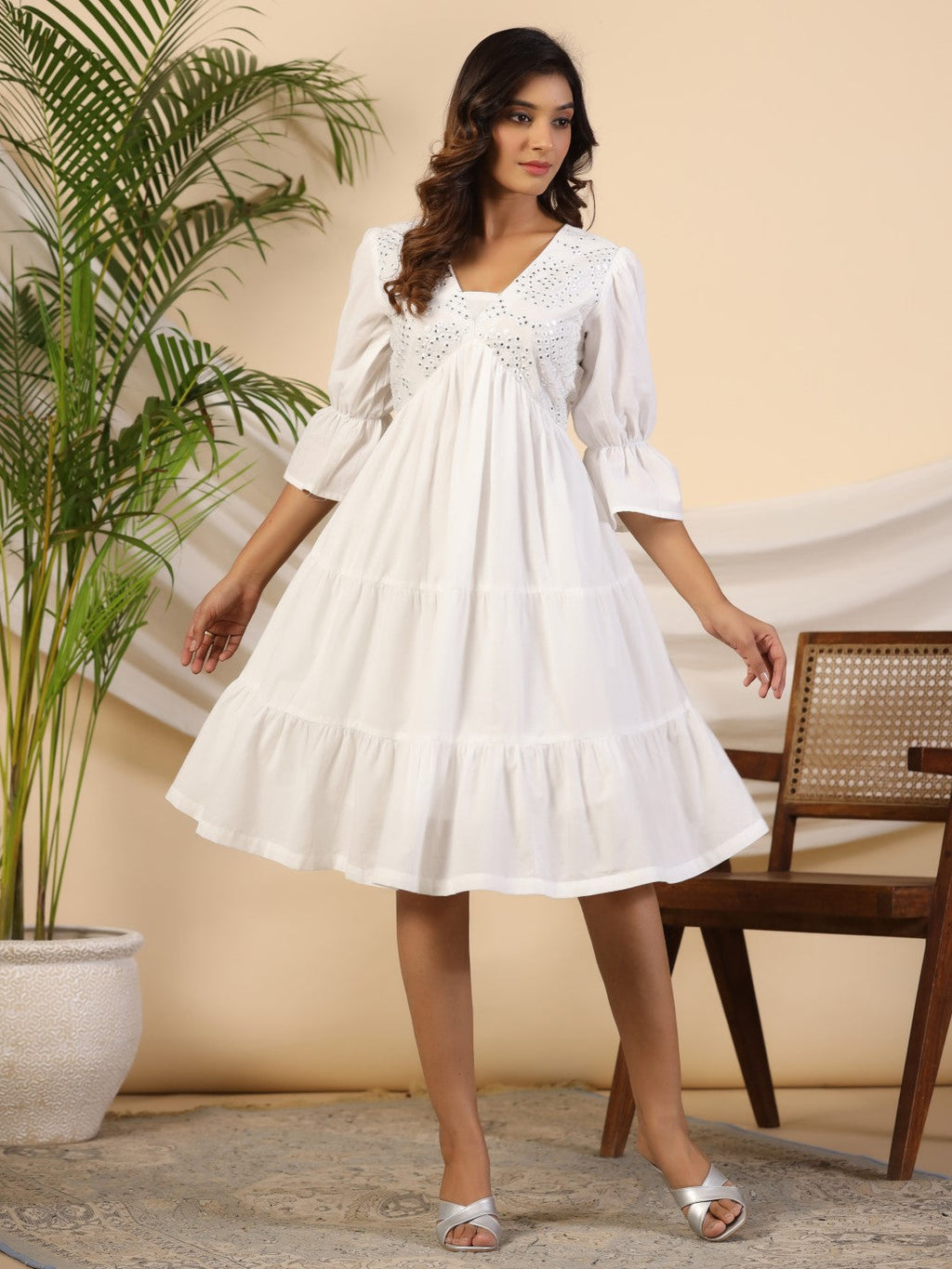 Juniper Women's White Pure Cotton Alia Cut Mirror Work Tiered Midi Dress With Lining | Grocsy