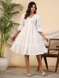 Juniper Women's White Pure Cotton Alia Cut Mirror Work Tiered Midi Dress With Lining | Grocsy