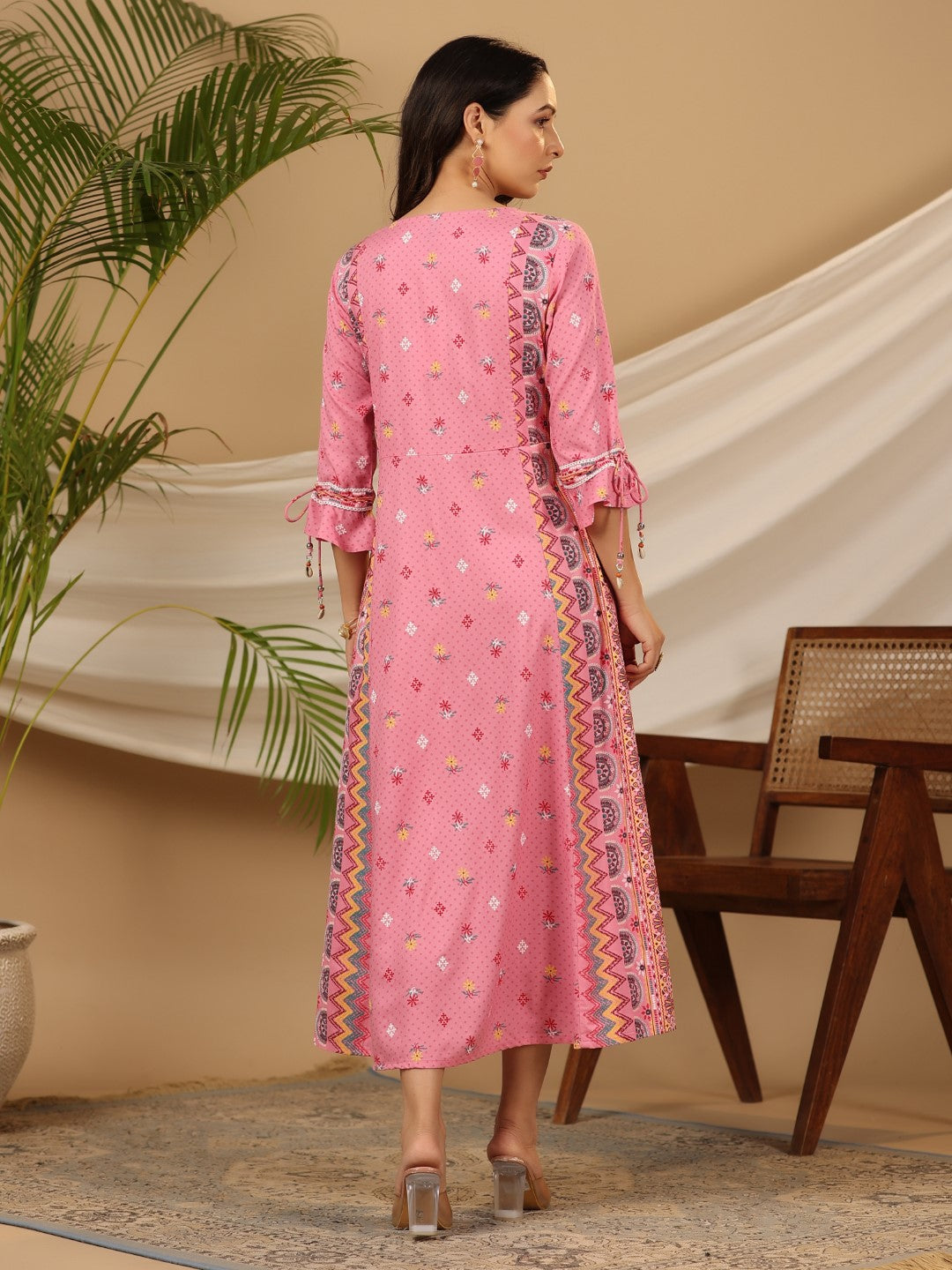 Juniper Women Pink Rayon Printed Flared Jacket Style Maxi Dress | Grocsy