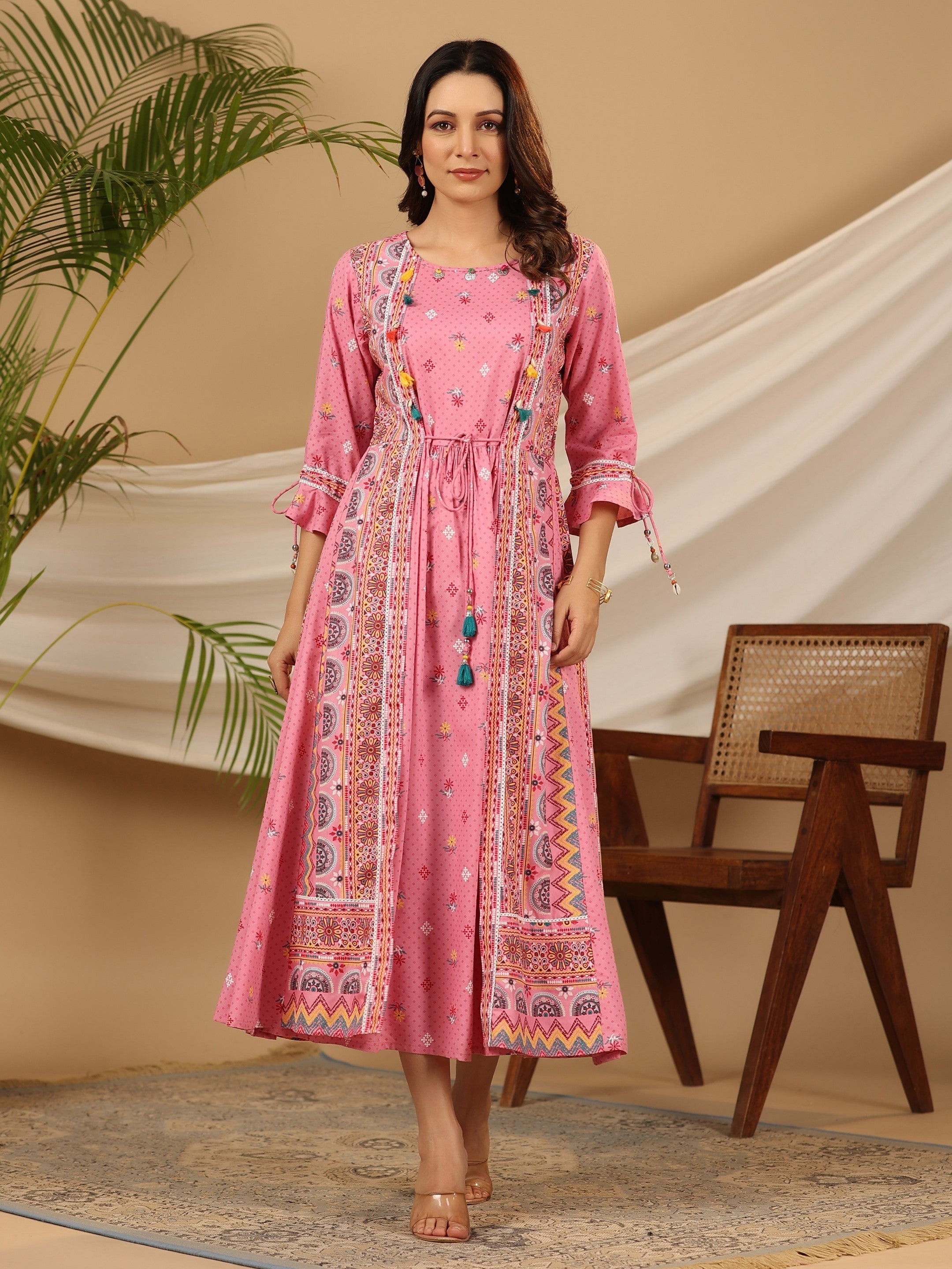 Juniper Women Pink Rayon Printed Flared Jacket Style Maxi Dress | Grocsy