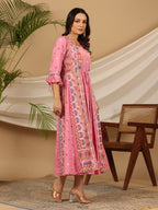 Juniper Women Pink Rayon Printed Flared Jacket Style Maxi Dress | Grocsy