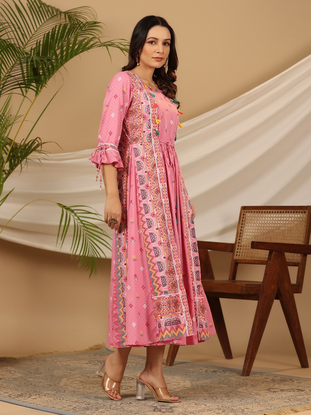 Juniper Women Pink Rayon Printed Flared Jacket Style Maxi Dress | Grocsy