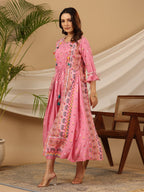 Juniper Women Pink Rayon Printed Flared Jacket Style Maxi Dress | Grocsy