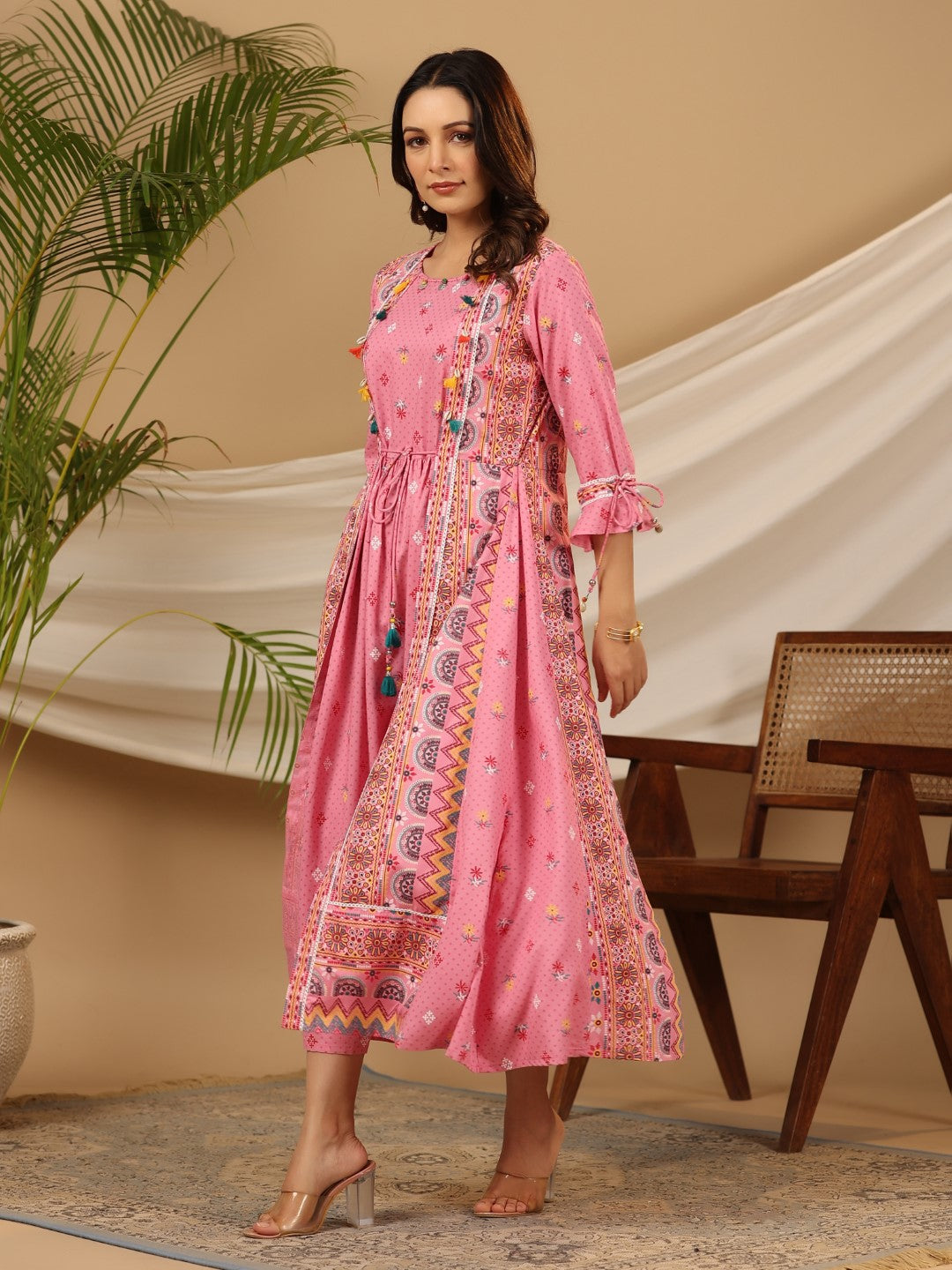 Juniper Women Pink Rayon Printed Flared Jacket Style Maxi Dress | Grocsy