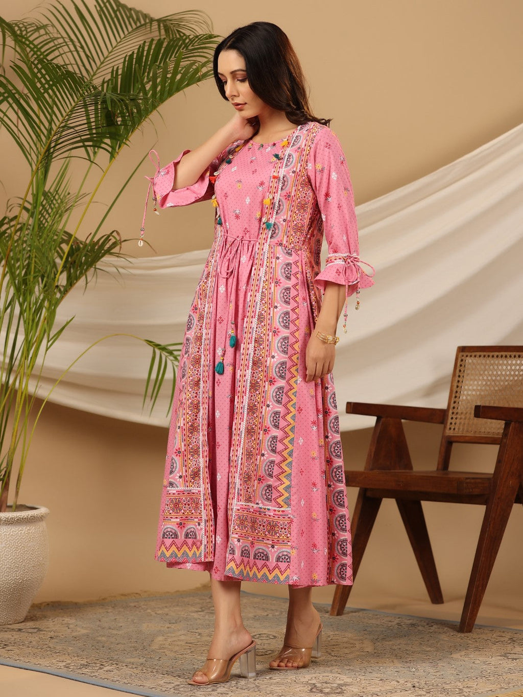 Juniper Women Pink Rayon Printed Flared Jacket Style Maxi Dress | Grocsy