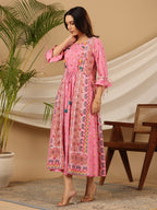 Juniper Women Pink Rayon Printed Flared Jacket Style Maxi Dress | Grocsy