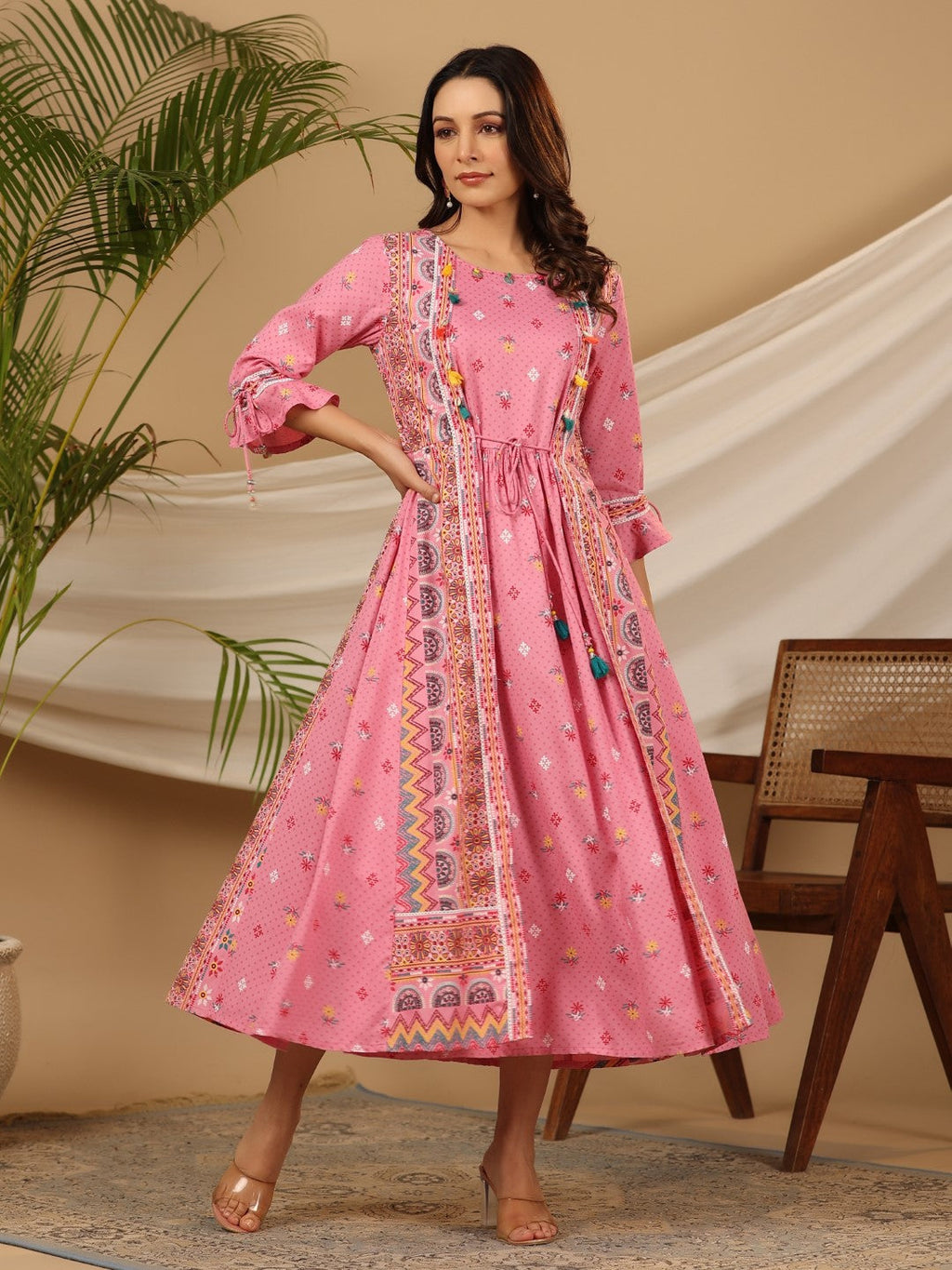 Juniper Women Pink Rayon Printed Flared Jacket Style Maxi Dress | Grocsy