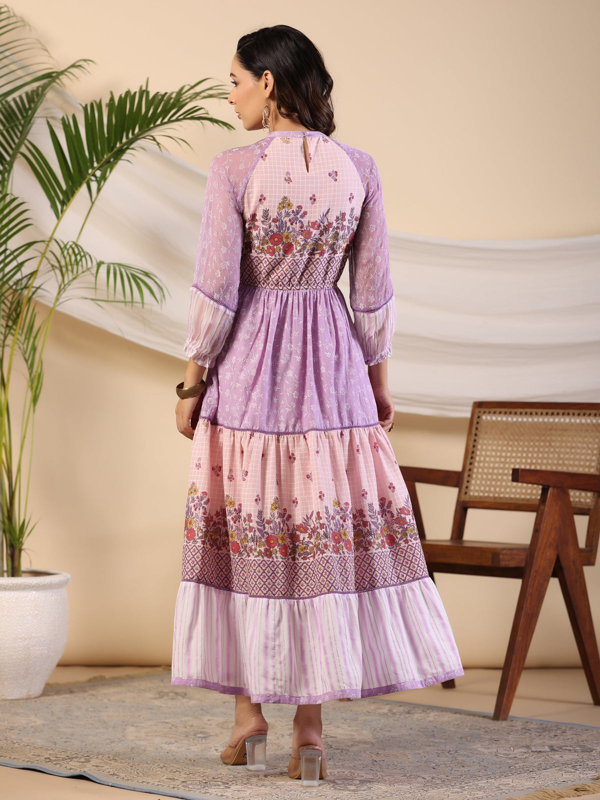 Juniper Purple Wonderland Cotton & Chiffon Floral Printed Tiered Maxi Dress With Lace & 3D Handwork | Grocsy