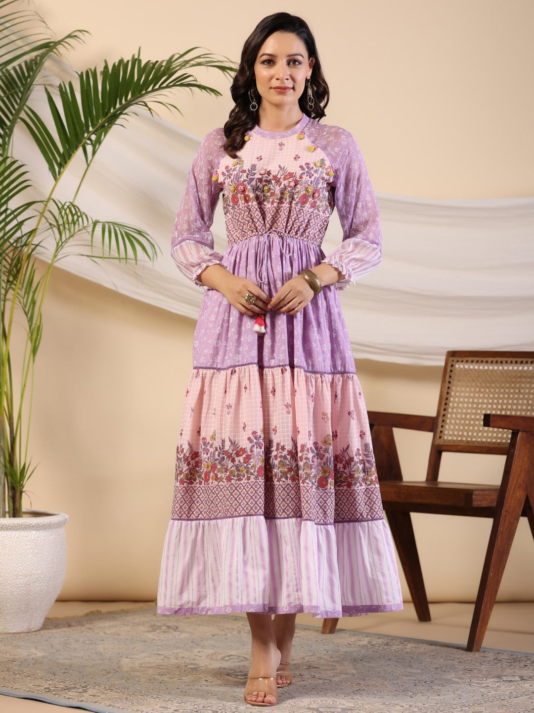Juniper Purple Wonderland Cotton & Chiffon Floral Printed Tiered Maxi Dress With Lace & 3D Handwork | Grocsy