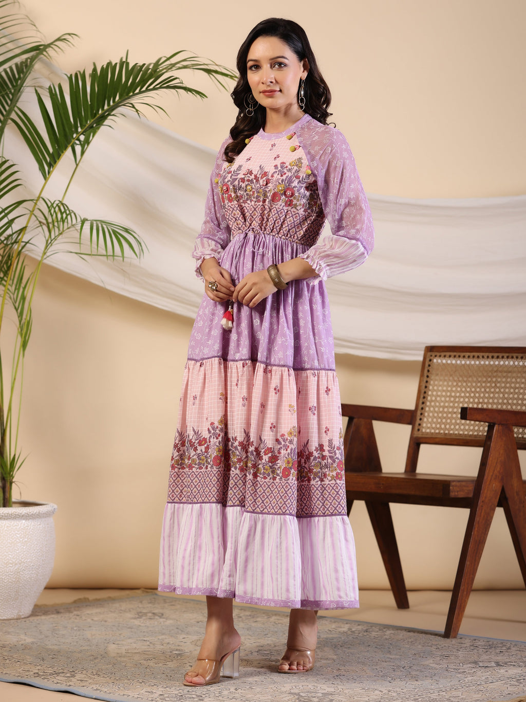 Juniper Purple Wonderland Cotton & Chiffon Floral Printed Tiered Maxi Dress With Lace & 3D Handwork | Grocsy