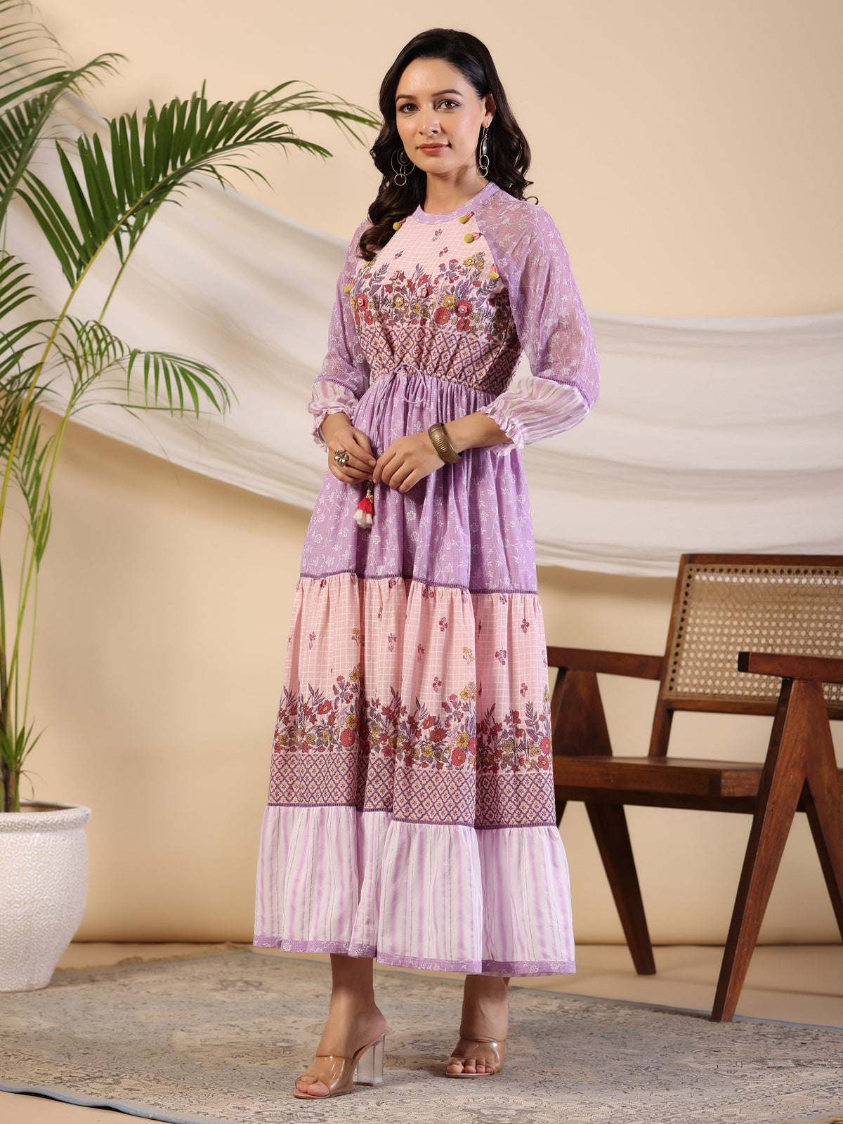 Juniper Purple Wonderland Cotton & Chiffon Floral Printed Tiered Maxi Dress With Lace & 3D Handwork | Grocsy