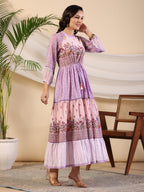 Juniper Purple Wonderland Cotton & Chiffon Floral Printed Tiered Maxi Dress With Lace & 3D Handwork | Grocsy