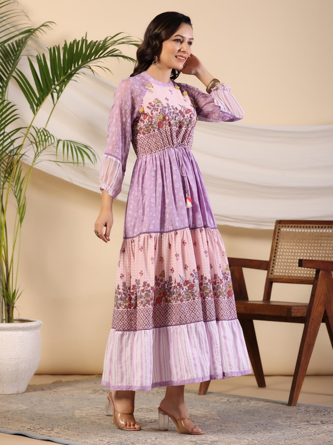 Juniper Purple Wonderland Cotton & Chiffon Floral Printed Tiered Maxi Dress With Lace & 3D Handwork | Grocsy