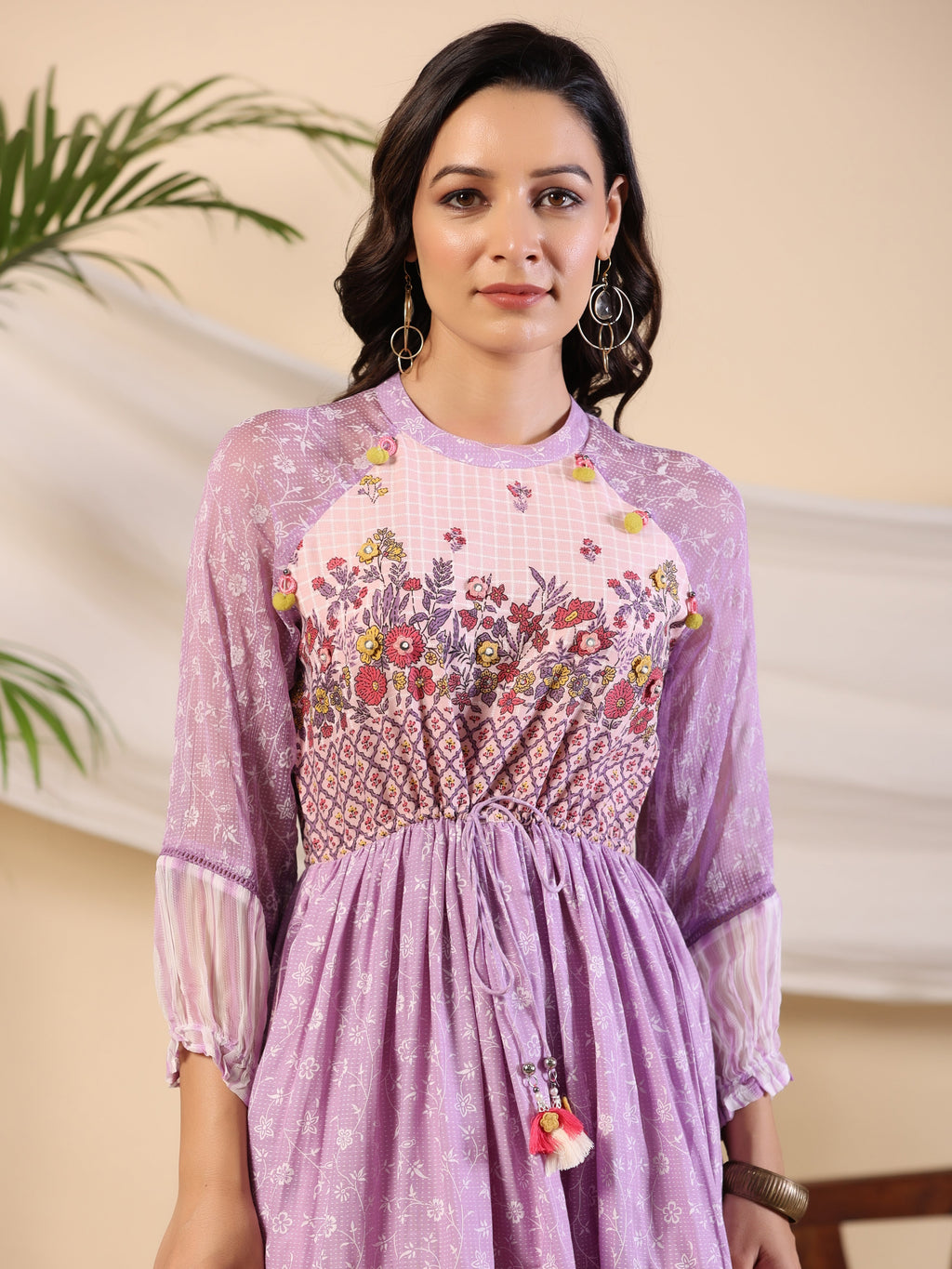 Juniper Purple Wonderland Cotton & Chiffon Floral Printed Tiered Maxi Dress With Lace & 3D Handwork | Grocsy