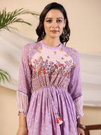 Juniper Purple Wonderland Cotton & Chiffon Floral Printed Tiered Maxi Dress With Lace & 3D Handwork | Grocsy