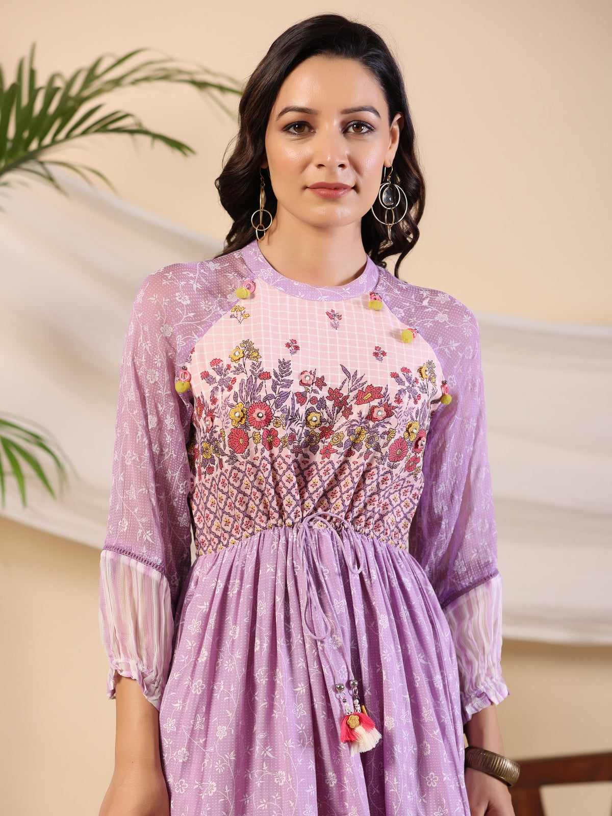 Juniper Purple Wonderland Cotton & Chiffon Floral Printed Tiered Maxi Dress With Lace & 3D Handwork | Grocsy