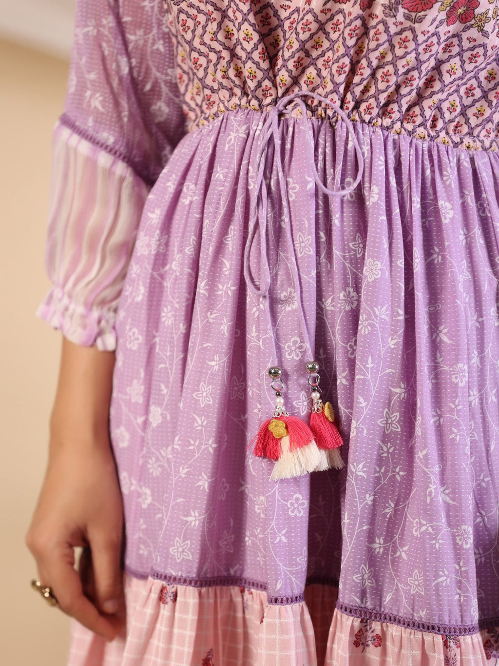 Juniper Purple Wonderland Cotton & Chiffon Floral Printed Tiered Maxi Dress With Lace & 3D Handwork | Grocsy