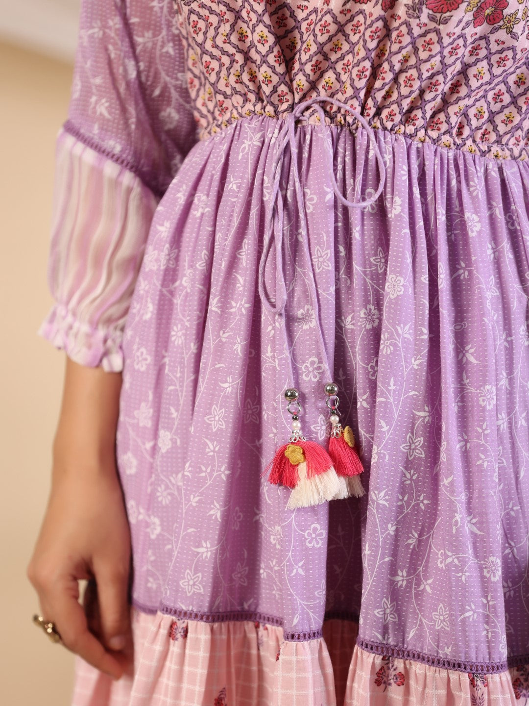 Juniper Purple Wonderland Cotton & Chiffon Floral Printed Tiered Maxi Dress With Lace & 3D Handwork | Grocsy