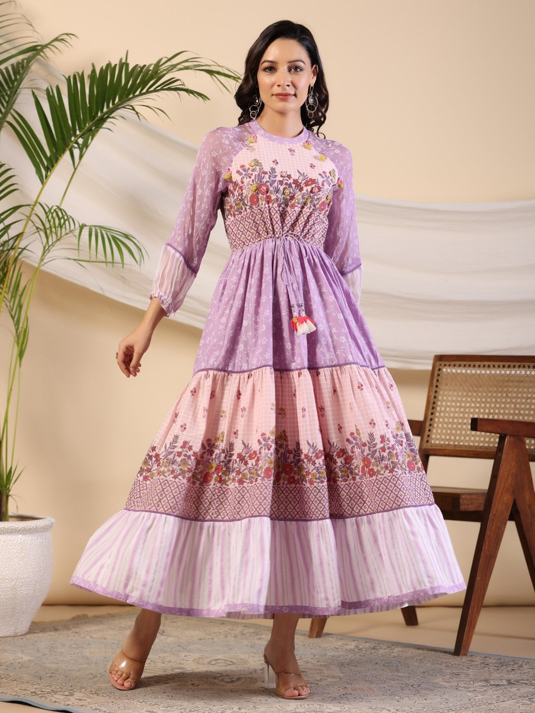 Juniper Purple Wonderland Cotton & Chiffon Floral Printed Tiered Maxi Dress With Lace & 3D Handwork | Grocsy