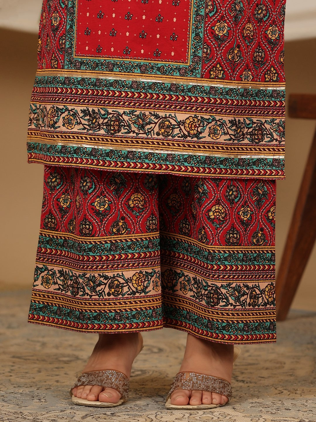 Juniper Red Madhubala Pure Cotton Ethnic Motif Printed Laced Kurta With Palazzo & Dupatta (3-Pcs) | Grocsy