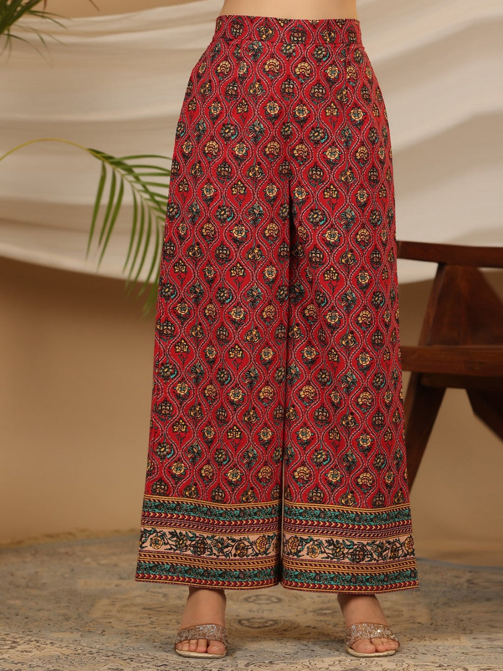 Juniper Red Madhubala Pure Cotton Ethnic Motif Printed Laced Kurta With Palazzo & Dupatta (3-Pcs) | Grocsy
