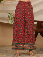 Juniper Red Madhubala Pure Cotton Ethnic Motif Printed Laced Kurta With Palazzo & Dupatta (3-Pcs) | Grocsy