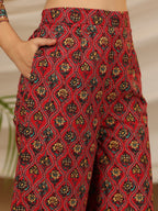 Juniper Red Madhubala Pure Cotton Ethnic Motif Printed Laced Kurta With Palazzo & Dupatta (3-Pcs) | Grocsy