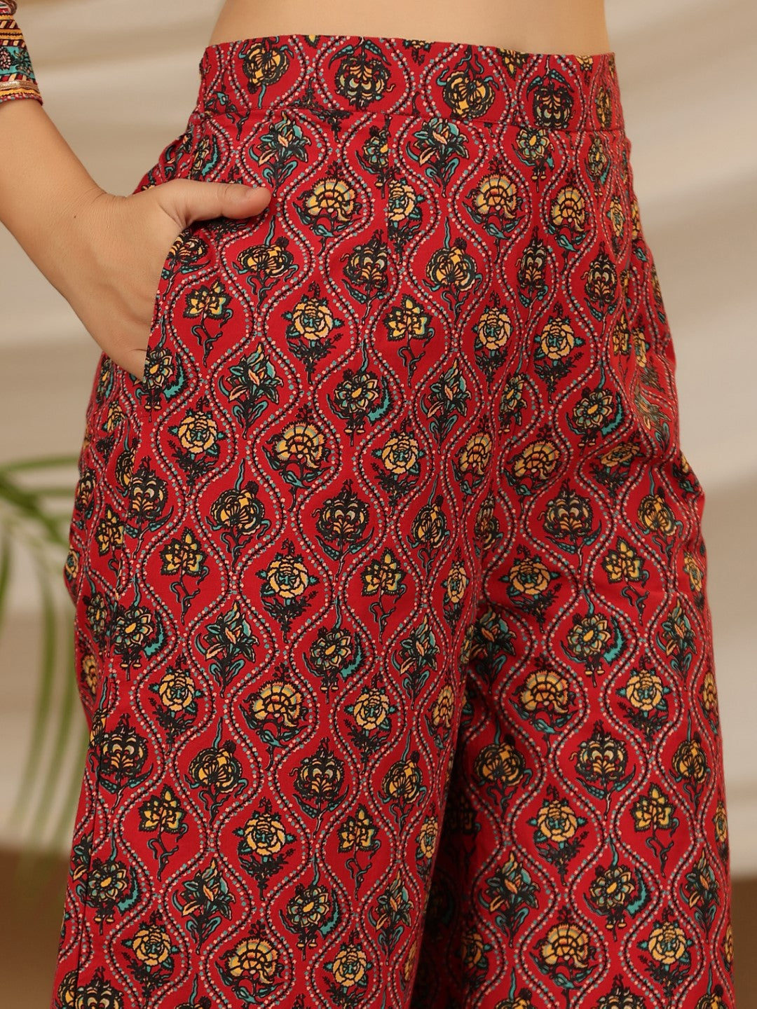 Juniper Red Madhubala Pure Cotton Ethnic Motif Printed Laced Kurta With Palazzo & Dupatta (3-Pcs) | Grocsy