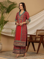 Juniper Red Madhubala Pure Cotton Ethnic Motif Printed Laced Kurta With Palazzo & Dupatta (3-Pcs) | Grocsy