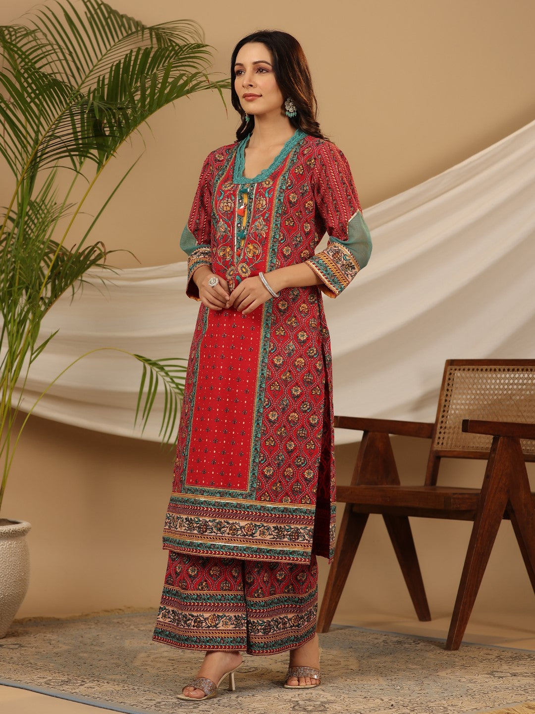 Juniper Red Madhubala Pure Cotton Ethnic Motif Printed Laced Kurta With Palazzo & Dupatta (3-Pcs) | Grocsy